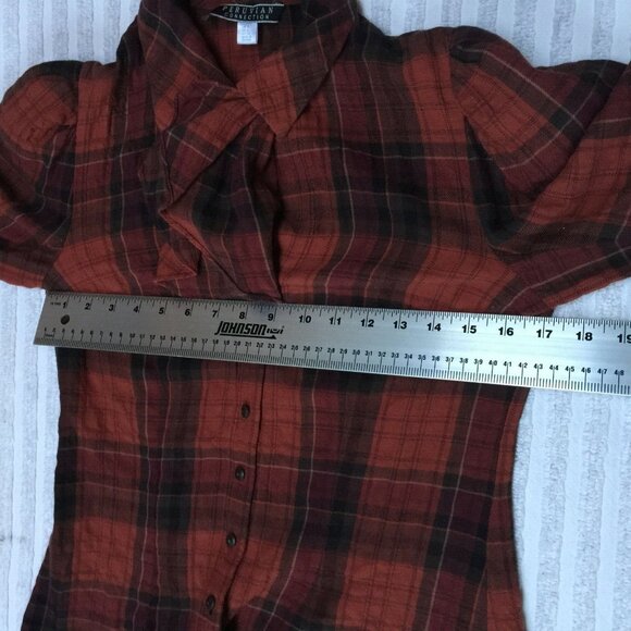 Peruvian Connection Womens Long Sleeve Plaid Top Sz 2 Button Ruffle Bow Neck Red - Picture 8 of 10